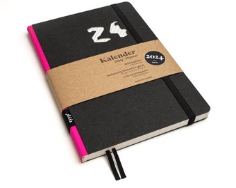 Sustainable pocket calendar 2024 made from 100% recycled paper "Design Calendar" Shocking Pink - Black