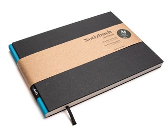 Handmade A5 sketchbook, landscape format, made from 100% recycled paper "BerlinBook" - Turquoise Blue - Black
