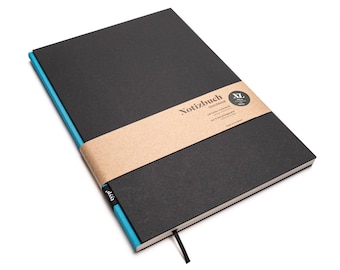 Handmade large design notebook made from 100% recycled paper “BerlinBook” - Turquoise Blue / Black