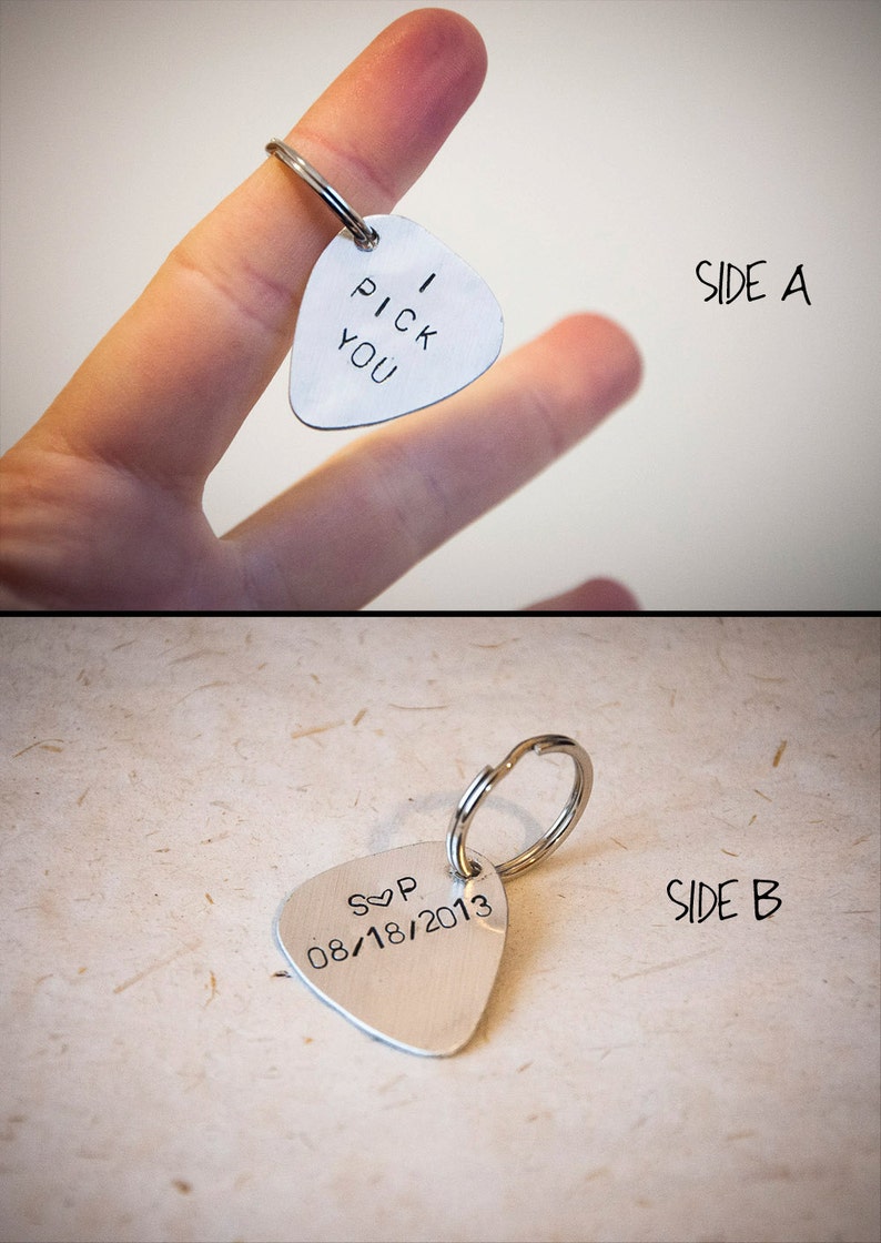 Guitar pick keychain with personalized words engraved on both Etsy