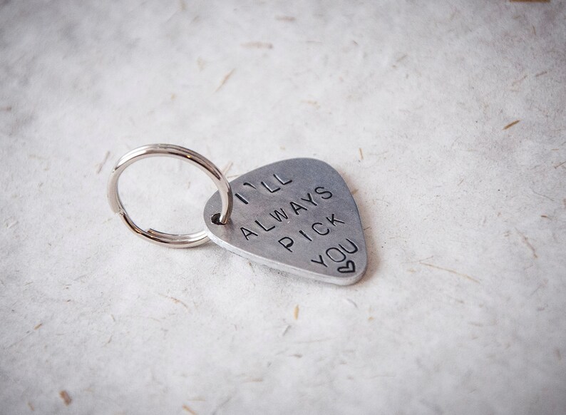 Guitar pick keychain with personalized words engraved on both Etsy