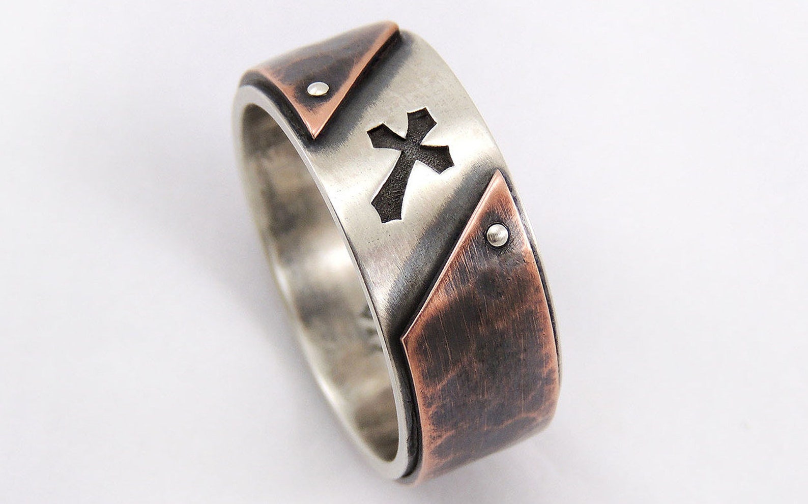 Mens Cross Ring Christian Mens Ring Silver and Copper Etsy