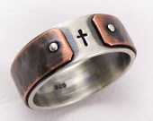 Men Cross Wedding Band, Rustic Silver Copper Ring, Mens Cross Engagement Ring, Mens Christian Ring, Unique Wedding Band, Rustic Wedding Ring