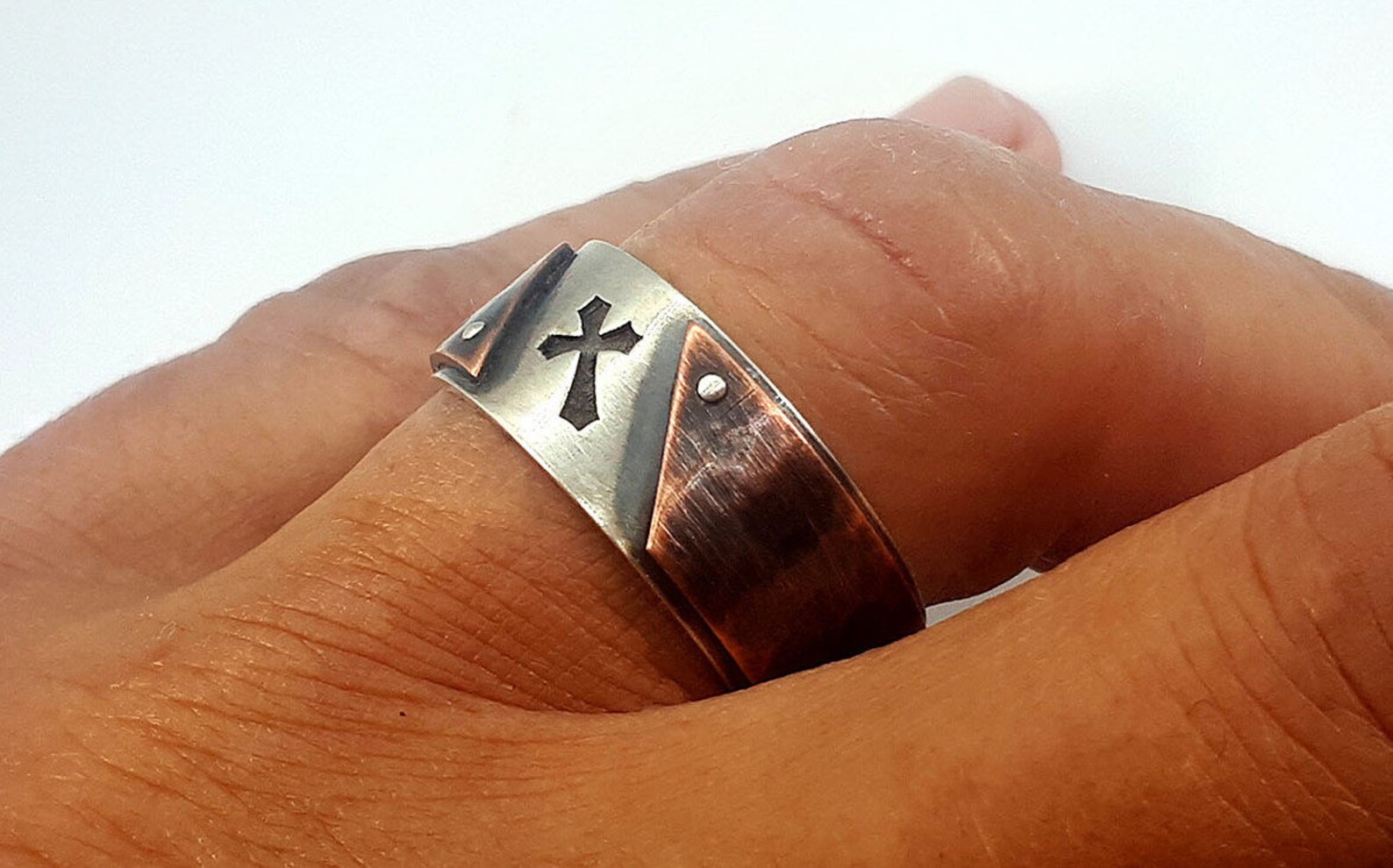 Mens Cross Ring Christian Mens Ring Silver and Copper Etsy