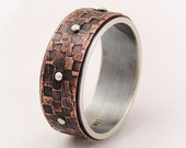 Mens Steampunk Ring, Silver and Copper Unique Riveted Wedding Band for Men, Texture Mens Wedding Band, 8 - 9mm Wide