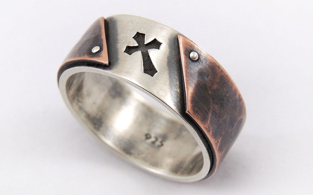Mens Cross Ring Christian Mens Ring Silver and Copper Etsy