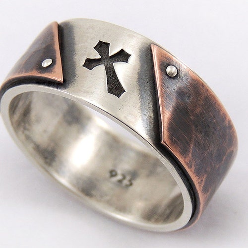 Mens Cross Wedding Band Rustic Hammered Cross Ring Oxidized Etsy Sweden