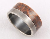 Unique 10mm Silver Copper Wedding Band, Two Tone Smooth and Textured Wedding Band Ring, Handmade Unique Rustic Wedding Band for Men