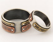 Mixed Metal Engagement Rings Set, Antique Rings, Unique Couple Ring Set, Rustic Wedding Ring Set, Unique Wedding Band Set, Engagement Gifts
