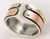 14k Rose Gold Wedding Band for Men, Rustic Mens Wedding Band, Mens Silver and 14k Rose Gold Anniversary Ring, Wide Rose Gold Ring For Men