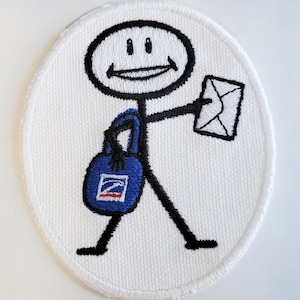 May include: White embroidered patch with a stick figure holding a blue bag with the USPS logo and a white envelope. The stick figure is smiling.