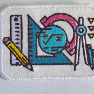 May include: A rectangular patch featuring a colorful math-themed design. The design includes a ruler, pencil, protractor, compass, and a square root symbol. The patch has a white border and a textured appearance.