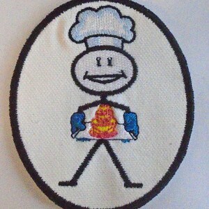 May include: White embroidered patch with a stick figure chef wearing a blue and white hat and holding a red and yellow cake.