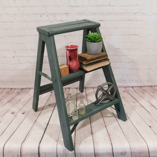 Vintage Green Painted Step Ladder, Plant Stand Ladder, Farmhouse Style, Cottage, Porch Decor, Wooden Ladder, L01