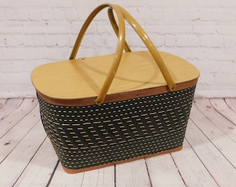 Vintage 1970's Woven Picnic Basket with Swing Handles, Green Picnic Basket