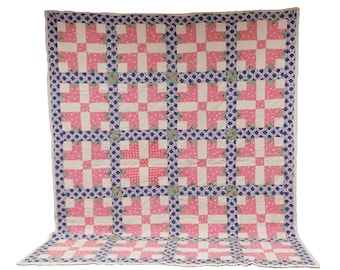 Flour Sack Quilt, Vintage Irish Chain Handmade Quilt, 87" x 72", ABQ48