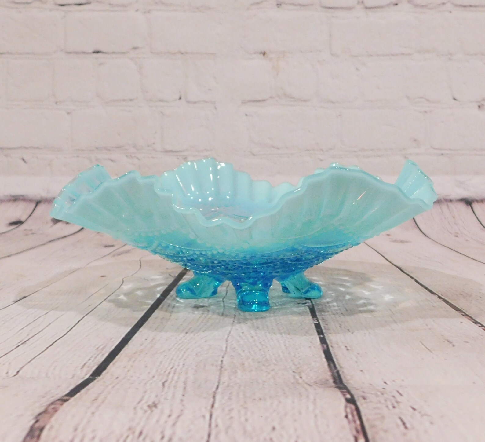 Opalescent Glass Footed Bowl Blue Northwood Beaded Drapes Etsy