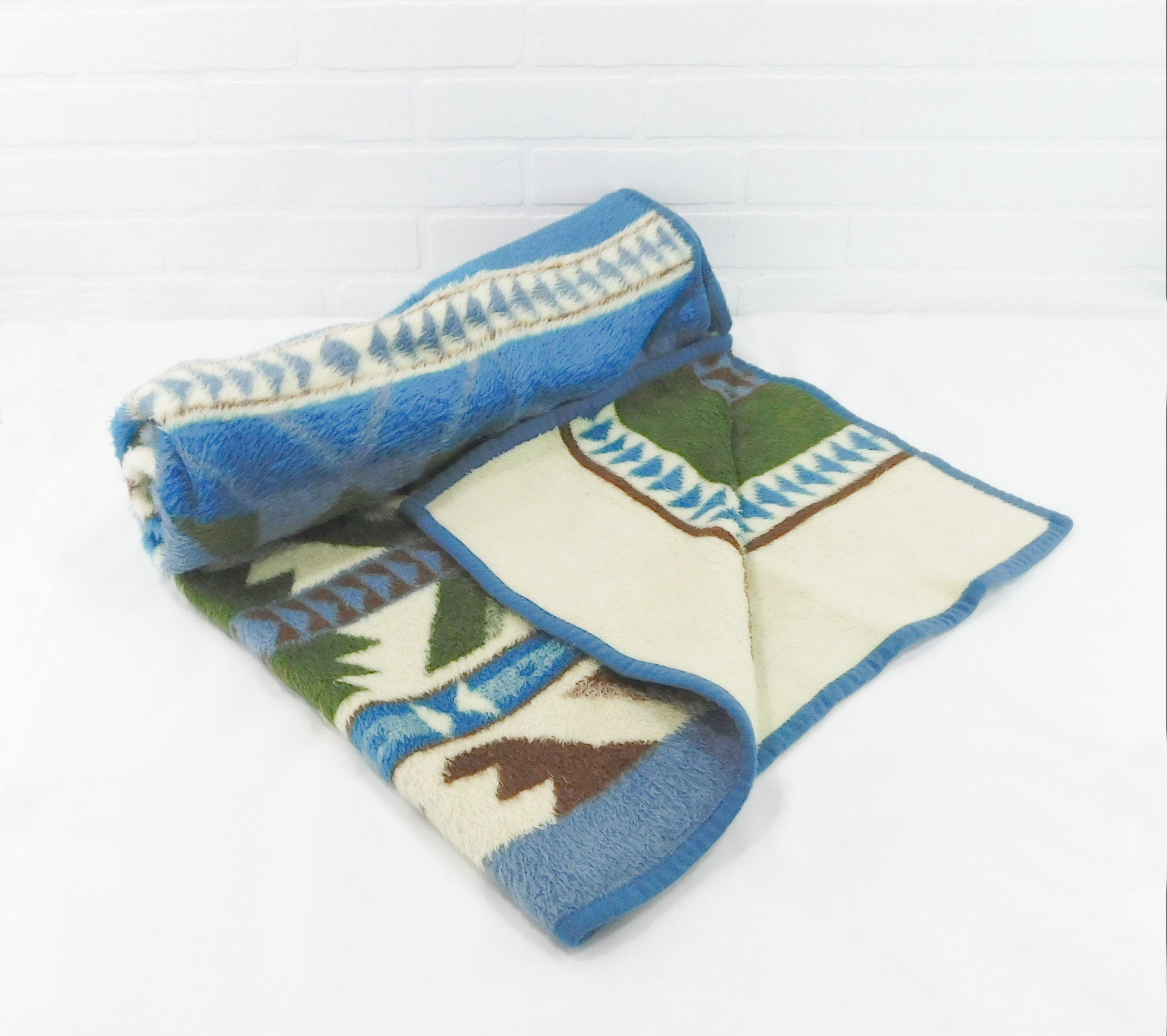 Vintage Throw Blanket Blue Green Brown Ivory Southwest Etsy