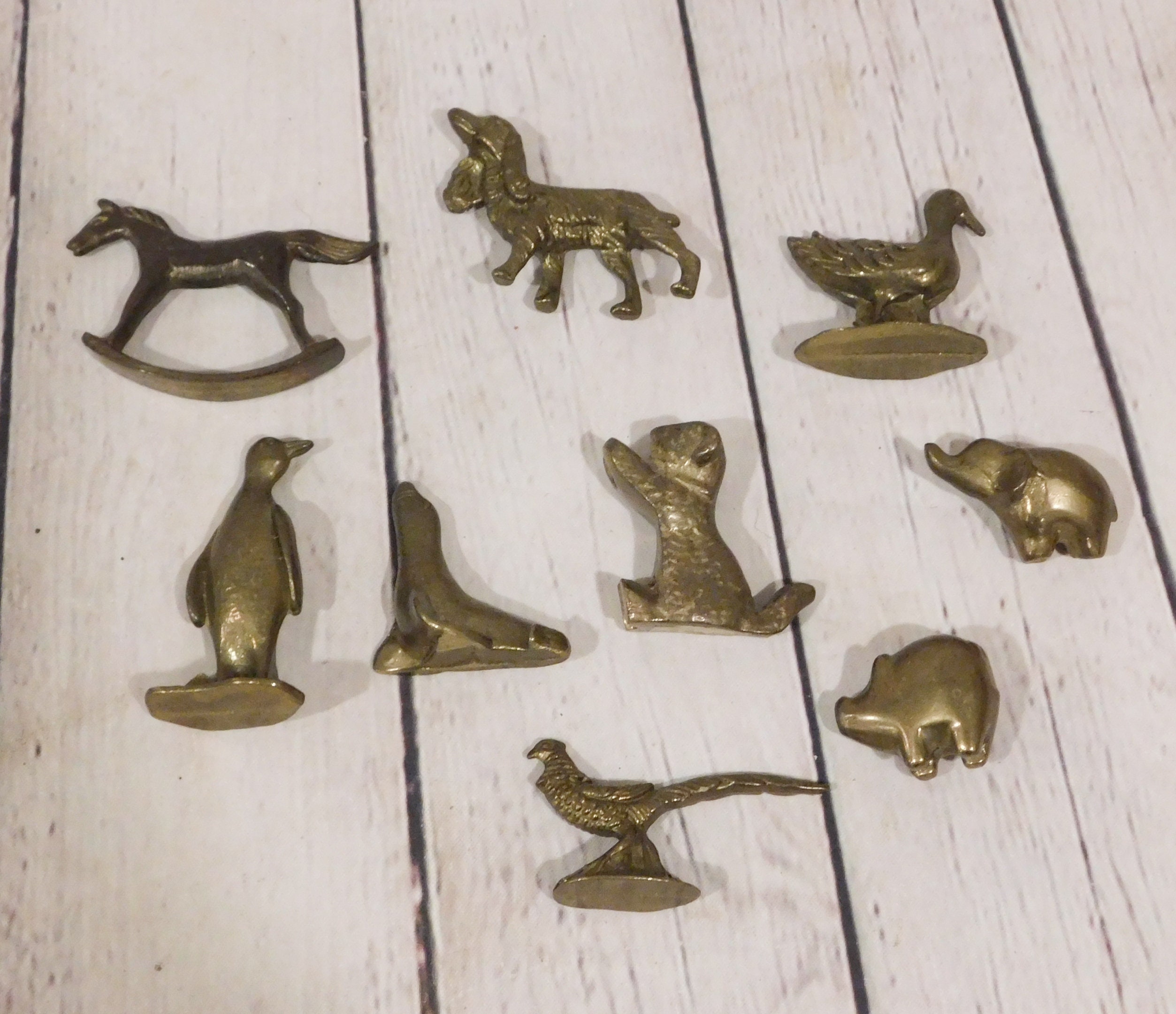 Collection of Nine Vintage Miniature Brass Animals, Seal, Elephant