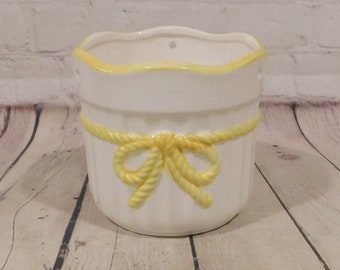Vintage Hanging Planter, White with Yellow "Rope" Bow, PV689