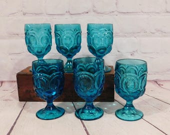 L.E. Smith Moon and Star Colonial Blue Goblets - Etsy