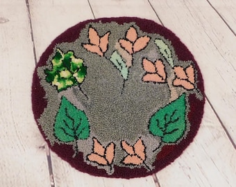 Antique Hooked Chair Pad, Floral Design on Gray Background with Purple Border, VL109