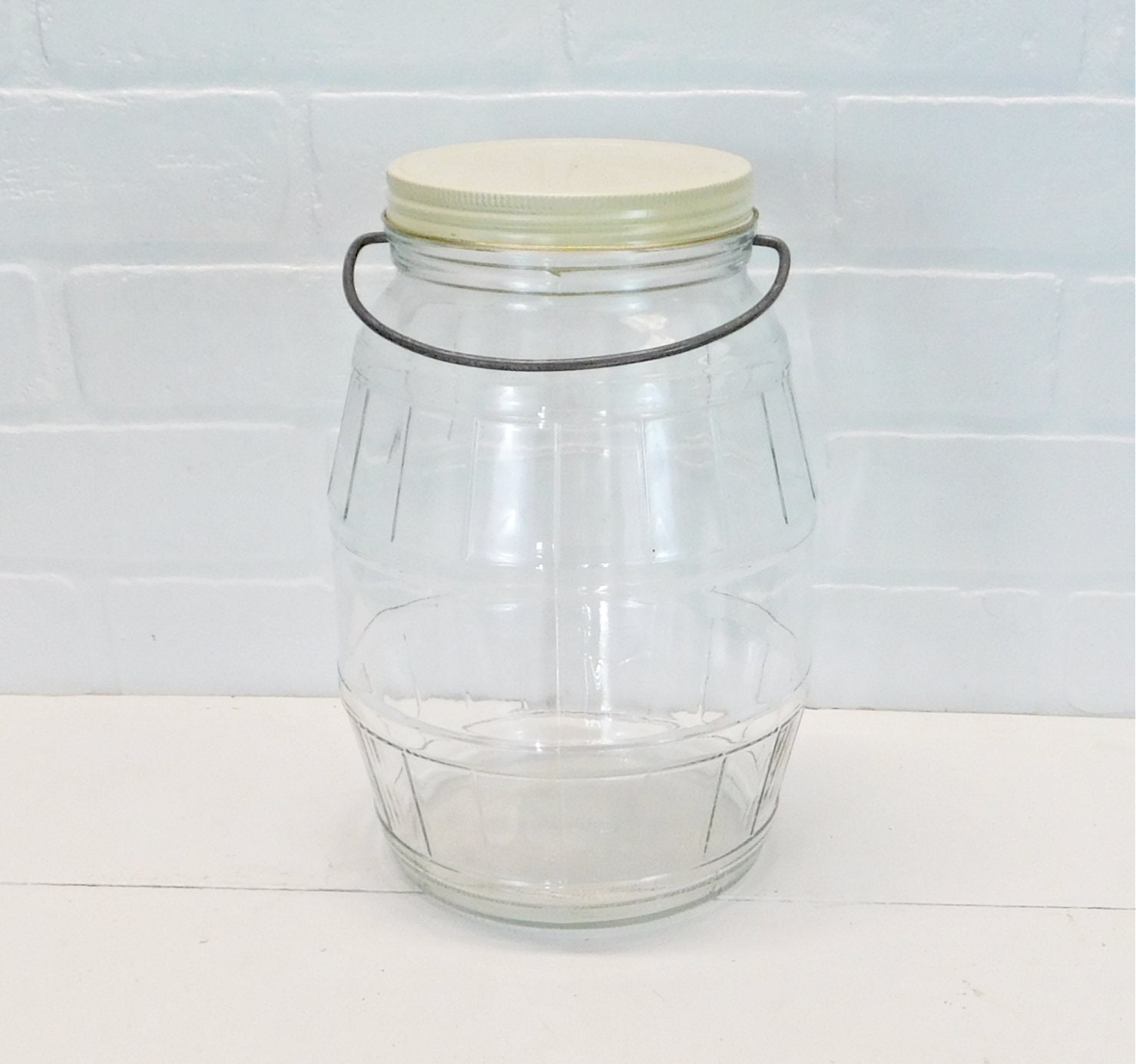 Vintage Glass Barrel Jar with Lid & Wire Bail Handle Pickle Etsy