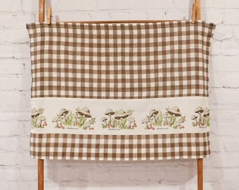 Single 1970's Curtain Panel with Mushrooms and Brown Check, 33"W x 23 1/2"L, VL98