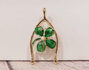 Vintage 1970's Gerry's Lucky Wishbone Brooch, Clover, J31