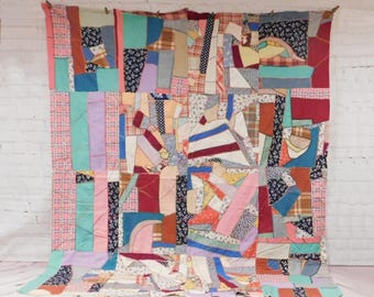 Vintage Quilt Top, Unfinished Crazy Quilt Top, 68" x 81", ABQ45
