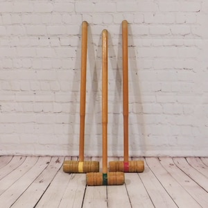Three Vintage Wooden Croquet Mallets, Red, Yellow & Green Stripe, CB04