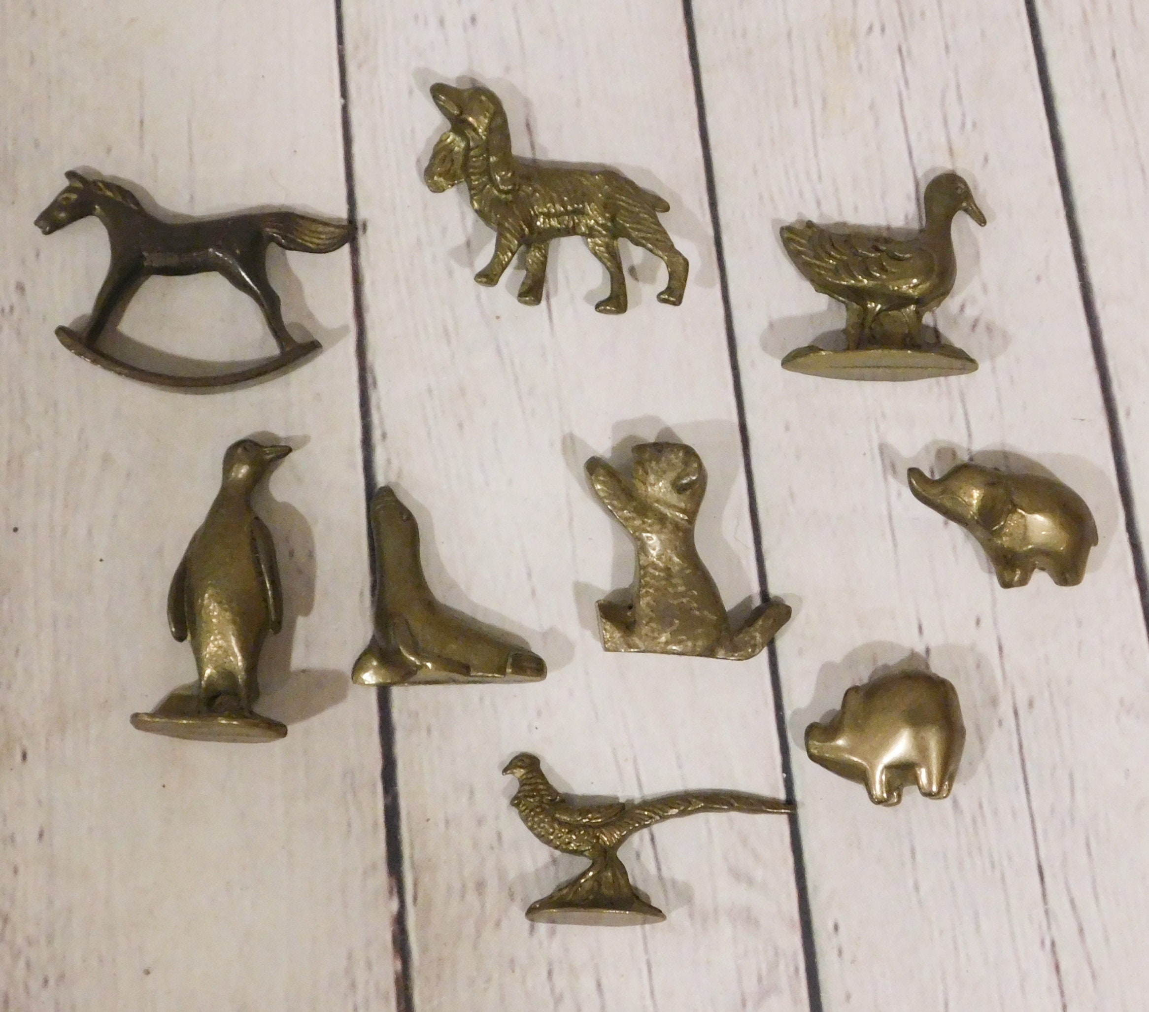 Collection of Nine Vintage Miniature Brass Animals, Seal, Elephant