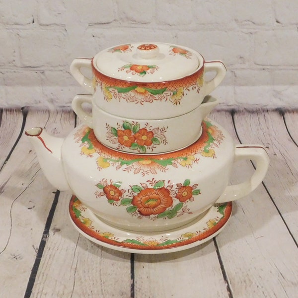 Mikori Ware Hand Painted Porcelain Teapot, Mid Century Orange Peony Motif Teapot with Sugar, Creamer, and Underplate