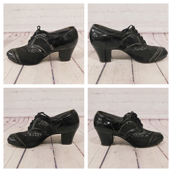 Vintage 1940's Black Patent Leather Peep Toe Shoe… - image 2