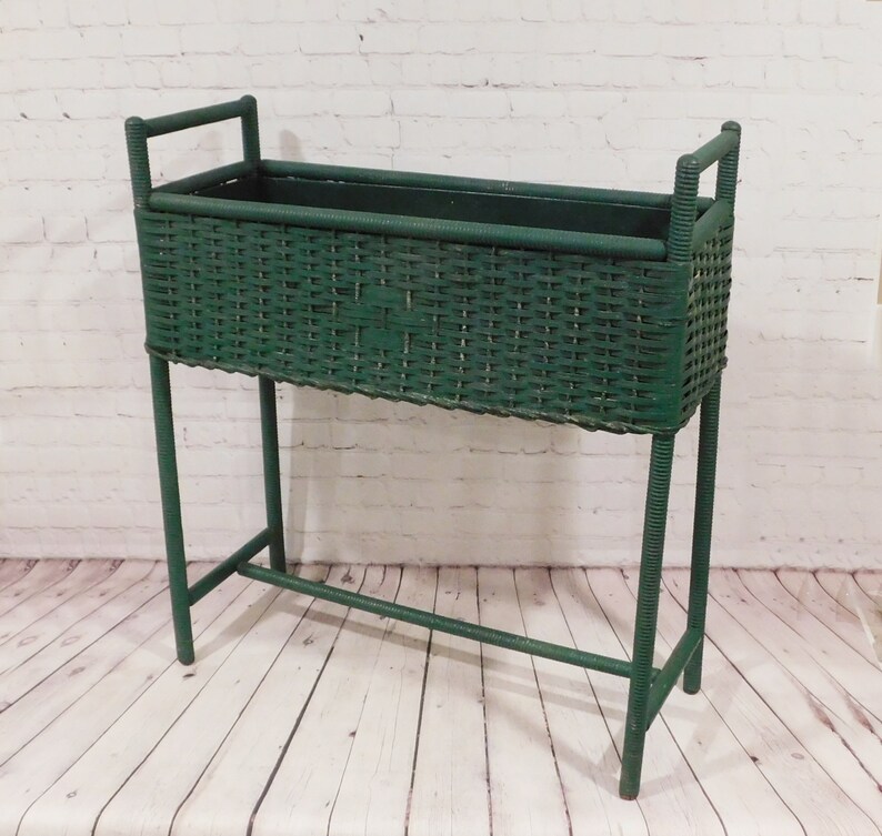Antique Green Wicker Plant Stand With Metal Planter Insert Etsy