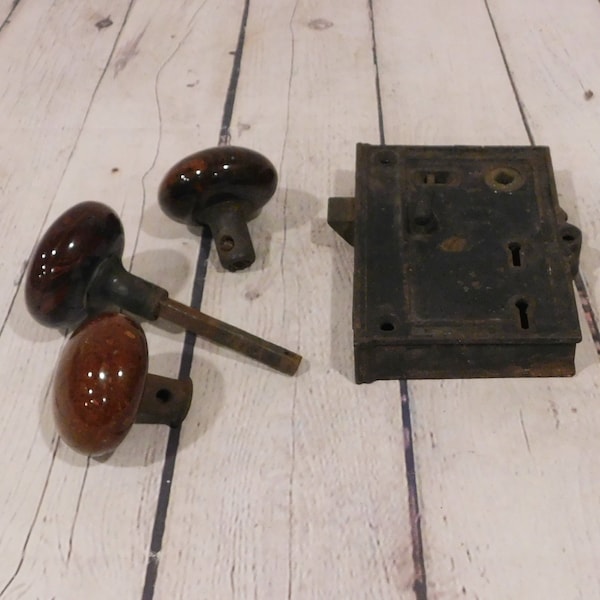 Norwich Rim Lock with Three Marbled Doorknobs, For Parts or Repair, Salvaged Restoration Door Hardware, HW18