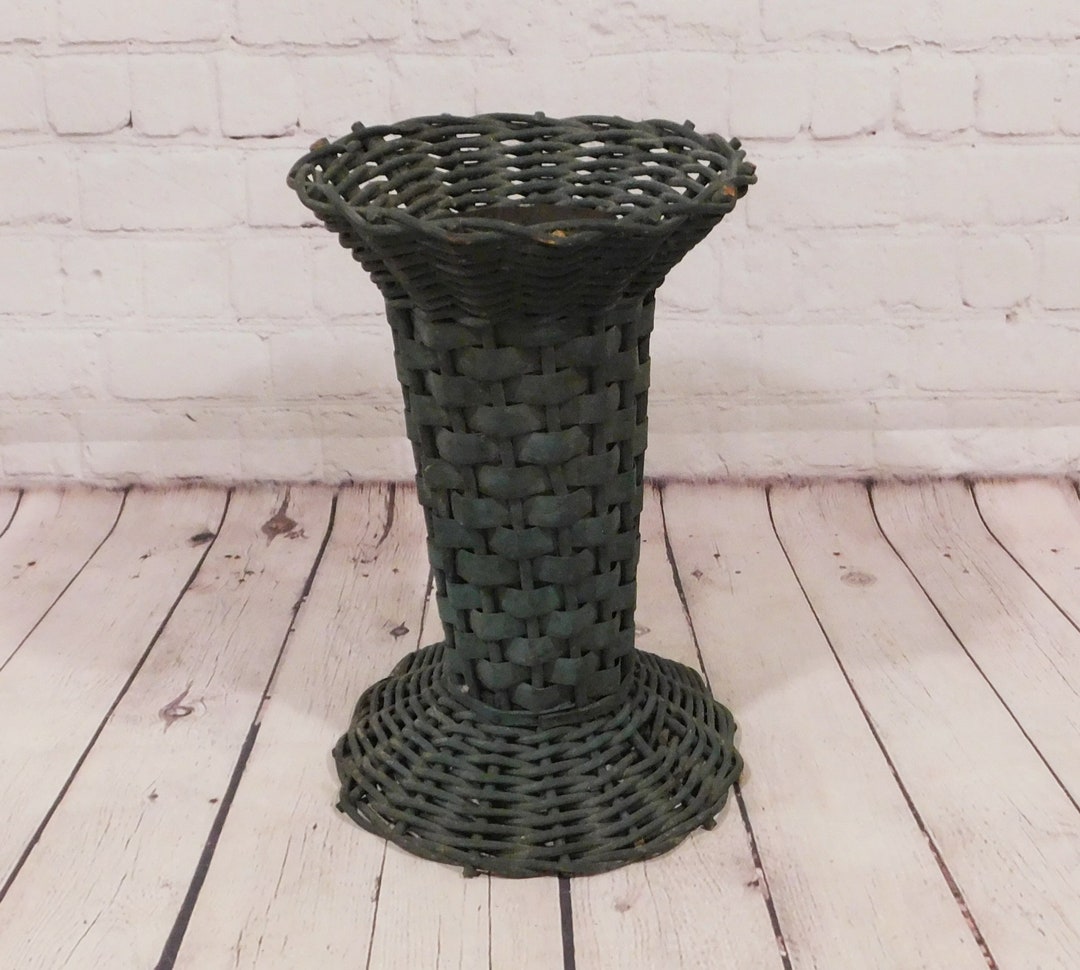 Vintage Green Woven Vase With Metal Liner, Cemetery, Funeral, Burial
