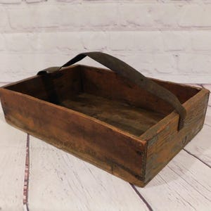 Vintage Wood Box With Leather Strap Handle, Wooden Caddy, 17