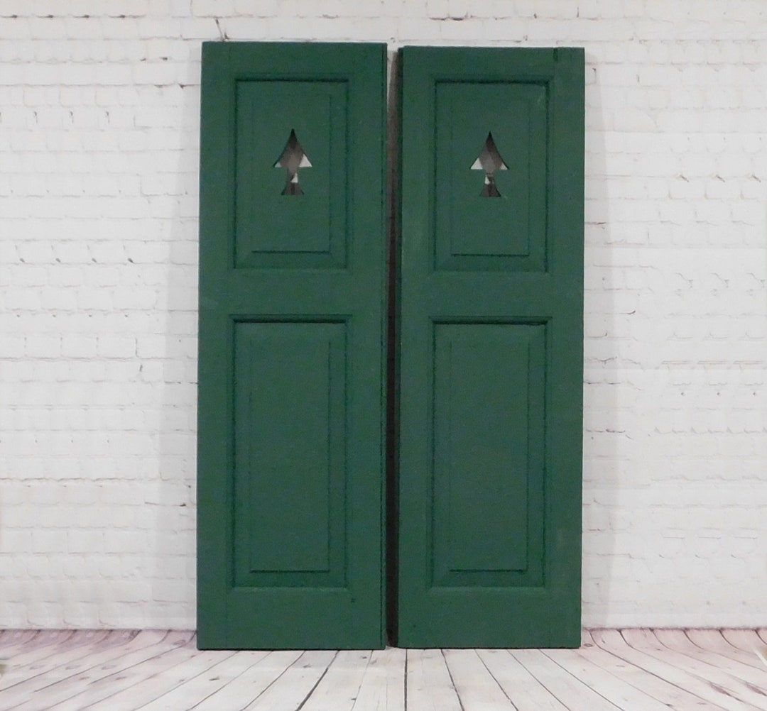 Farmhouse Shutters With Pine Tree Cutout, Vintage Raised Panel Green Shutters, Antique Shutters