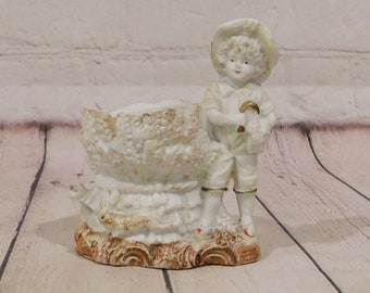 Vintage Bisque Vase, Boy and Rabbit, PV674