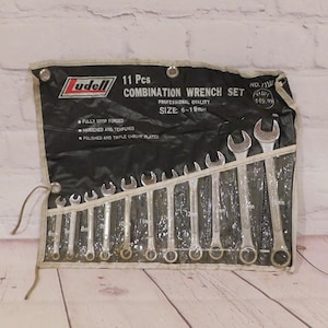 May include: An 11-piece Ludell combination wrench set in a black pouch. The wrenches are chrome-plated and range in size from 6mm to 19mm. The pouch has the text "COMBINATION WRENCH SET" and "PROFESSIONAL QUALITY".