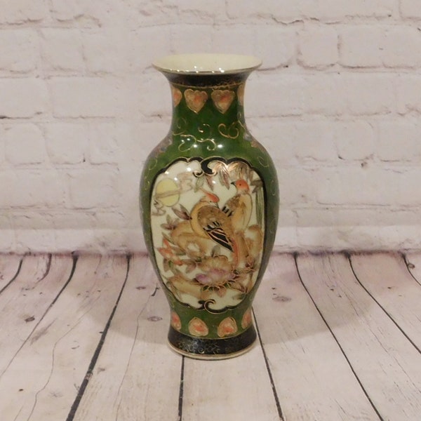 Vintage Asian Vase with Birds & Flowers, 10"H, PV638