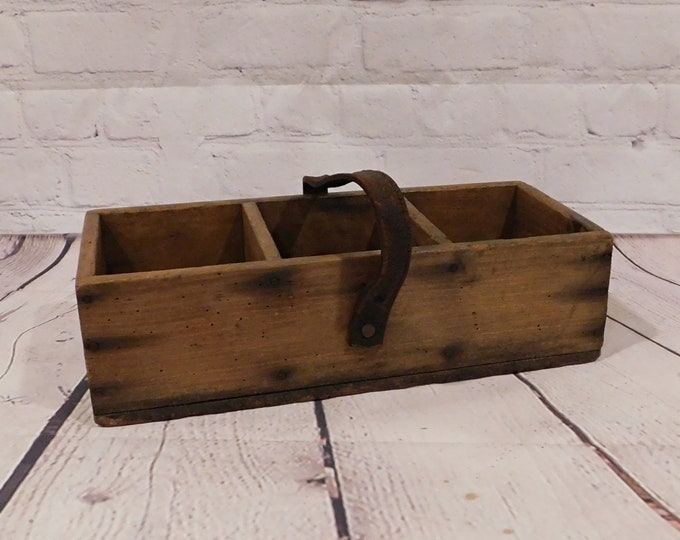 Vintage Divided Wood Box With Leather Strap Handle, 16