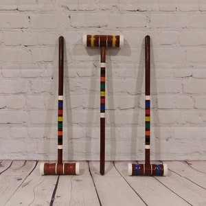 Three Vintage Wooden Croquet Mallets, Red, Yellow & Blue with Multi Color Handle Stripes, CB46