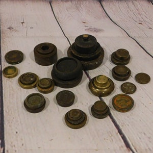 Lot of 33 Brass Scale Weights in Various Sizes, Weights, and Styles, SC24