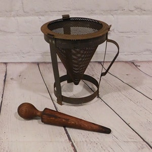 Tin Strainer on Stand, Vintage Sieve, or Colander with Wood Pestle, Farmhouse Kitchen, VK15