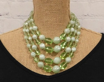Mid Century Green Beaded Necklace, Four Strands, Germany, Vintage Costume Jewelry, J14