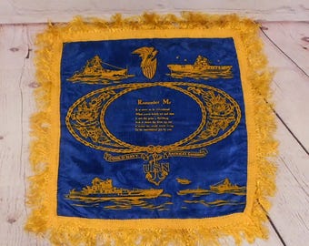 Vintage WWII U.S. Navy Satin Pillow Sham with Fringe, "Remember Me," VL110