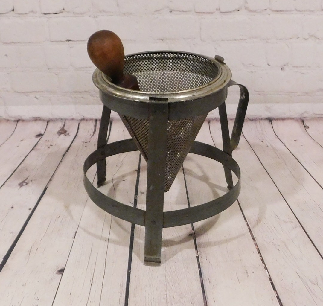 Tin Strainer on Stand, Vintage Sieve, or Colander With Wood Pestle