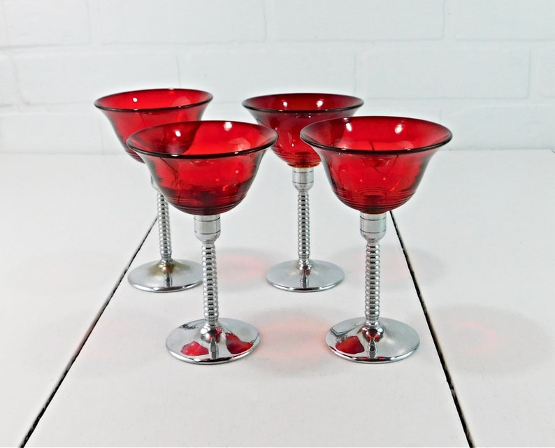 Ruby Red Cocktail Glasses with Chrome Finish Stems Art Deco Etsy